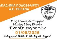 Ξεκινούν οι εγγραφές στην Ακαδημία Ποδοσφαίρου Α.Ο. Ρηγανά για τη νέα σεζόν